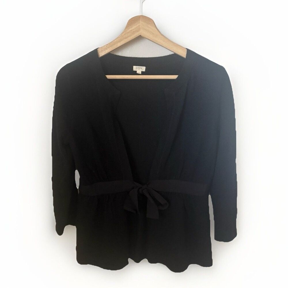 Cashmere J. Crew Cardigan Sweater Black Merino Wool Ribbon Waist Tie Career XS